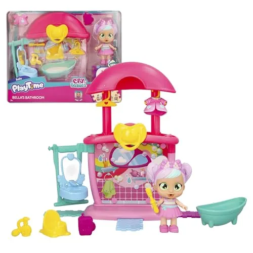 Cry Babies Playtime Day Care Bella's Bathroom, erweiterbares Mini-Puppenhaus-Spielset Badezimmer mit 14+ Accessoires, Bella weint echte Tränen, für Kinder von 4 bis 6 Jahren