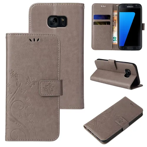 Handy Tasche für Samsung Galaxy S7 edge Handyhülle Blumen Flip Cover Buch Grau
