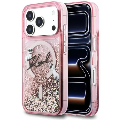 CG MOBILE Karl Lagerfeld Flüssigglitzer Karl Script Log kompatibel mit MagSafe Hülle für iPhone 17 Pro (Rosa)
