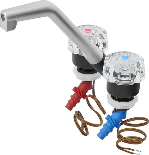 Kalt-Warm Wasserhahn Mischbatterie De Luxe Ø20 mm schwarz/chrom - Campingausrüstung für Wohnmobile und Caravans - präzise Temperaturregulierung mit schwenkbarem Auslauf für maximale Flexibilität.