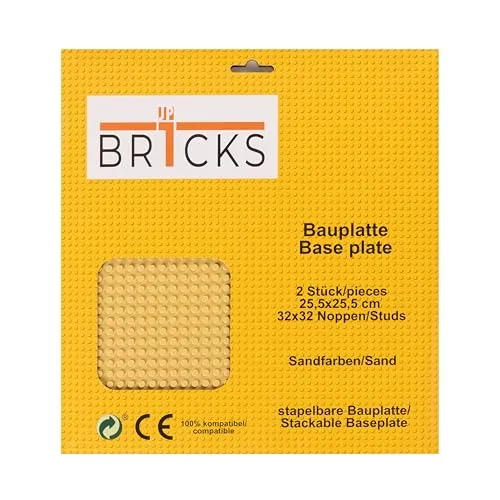 JP BR1CKS Bauplatte, 32x32 (25,5 x 25,5 cm), 2er Set /2 Platten, Kompatibel mit Allen führenden Marken, beidseitig bebaubar (Sand)