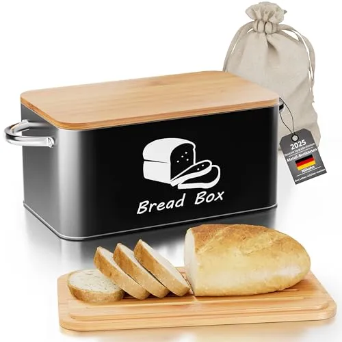 Mihoho Brotkasten aus Metall mit Bambus-Schneidebrettdeckel, Brotaufbewahrungsbehälter, moderner Küchenorganizer für Sauerteig, Brötchen und Brote (Schwarz A)