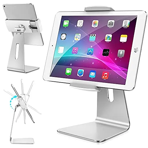 AboveTEK Verstellbarer Aluminium-Tablet-Ständer, 360° drehbarer Display-Halter für 7–12,9 Zoll iPad Pro/Air/Mini, Galaxy Tab & mehr – Perfekt für Küche, Büro, Rezeption & Ladenpräsentation-Silber