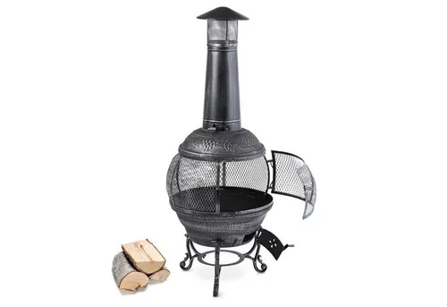 blumfeldt Feuerstelle Flavius - Antik-Schwarz - Feuerstelle aus Gusseisen und Stahl, ideal für gemütliche Abende im Garten. Inklusive Holzkohlerost und Schürhaken für sicheres Feuervergnügen.