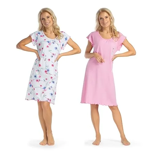 Consult-Tex Damen 2er Packung Nachthemden Kurzarm aus Reiner Baumwolle DW946/947 (rosa/Weiss, 40/42)