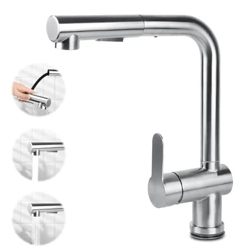 TOSAVGA Hochdruck Wasserhahn Küche Ausziehbar, Spültischarmatur mit Brause Zwei Wasserstrahlarten, Mischbatterie Küche 360° Schwenkbar, L Form Einhebel Spültischarmatur Edelstahl Gebürstet