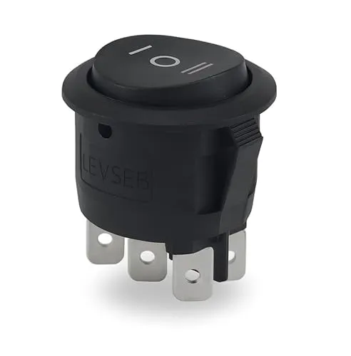 LEVSEB Runder Wippschalter 22 mm, 6-Pin ON-OFF-ON, 250V/6A, Schwarz, Snap-In Montage, 4,8 mm Flachsteckkontakte – ideal für Motor-Umpolung, KFZ, Boot, Wohnmobil und Elektronik