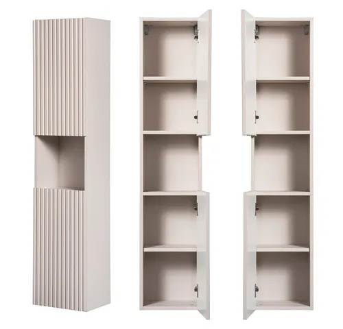 Lomadox Badezimmer Hochschrank Kaschmir beige - Hoch- & Midischränke fürs Bad mit minimalistischem Design, ideal für kleine Badezimmer dank reduzierter Tiefe und Softclose-Türen für leises Schließen.