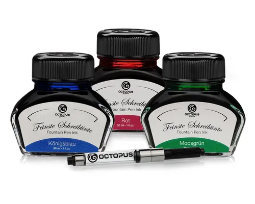 Octopus Schreibtinte Blau Rot Grün - 3 x 30 ml Füllhaltertinte - Füller & Tinte: Hochwertige Tinte in Königsblau, Rot und Moosgrün mit Konverter für einfaches Nachfüllen. Hohe Farbbrillanz und gutes Fließverhalten, ideal für kreative Anwendungen.
