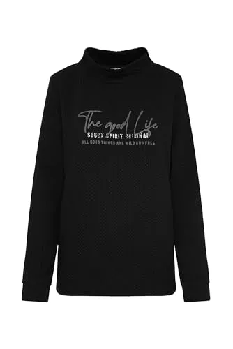 SOCCX Damen Strukturiertes Sweatshirt mit Stehkragen und Print Black, L