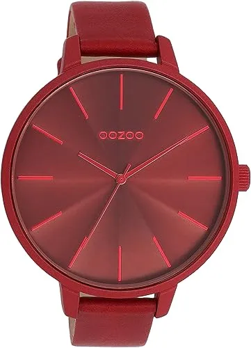 OOZOO Quarzuhr C11253 - Elegante Damenuhr mit Lederarmband - Damenuhr mit stilvollem roten Zifferblatt und 48mm Gehäuse, für einen modischen Auftritt im Alltag.