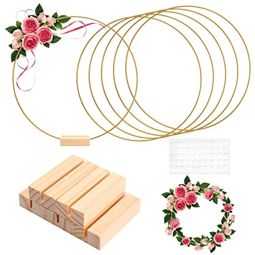 NAEBRO 6 Stück Metallringe, 30 cm, Metallringe für Handwerk, Blumenreifen aus vergoldetem Metall mit Halterung aus Holz, Krone aus Metall, für Traumfänger, Makramee-Ringe, Basteln