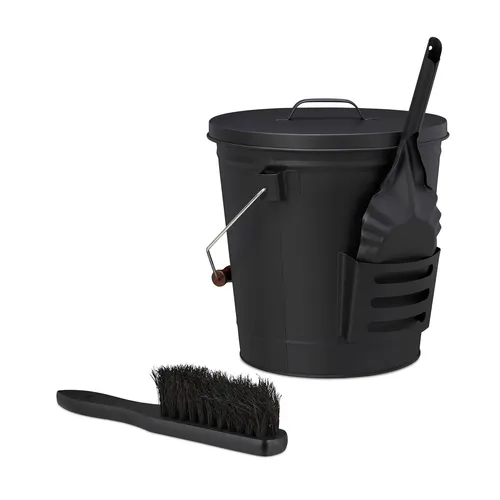 Ascheeimer 19 L schwarz mit Kehrset in braun von Relaxdays