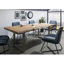 Massivmoebel24 Baumkantentisch FREEFORM - Natur trifft Eleganz - Baumkantentisch aus massivem Mango-Holz (180x90x77 cm) mit einzigartiger Baumkante und stilvollen U-Beinen aus Eisen. Ideal für ein modernes Esszimmer mit natürlichem Flair.