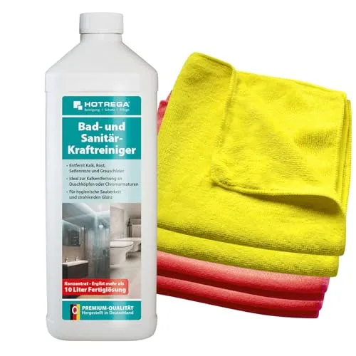 HOTREGA Bad und Sanitär Kraftreiniger Konzentrat Set 5-teilig - Reinigungsmittel für effektive Kalkentfernung und hygienische Sauberkeit mit Schmutz-Blocker-Formel. Ergibt bis zu 10 Liter Fertiglösung und eignet sich ideal für Fliesen, Armaturen und mehr.