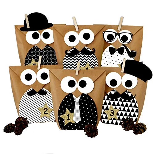 Papierdrachen DIY Adventskalender zum Befüllen - Weihnachtseulen - Eulen Weihnachten - Set Schwarz weiß Gentlemen Edition - zum selbst basteln - als Geschenk für den Freund oder Ehemann