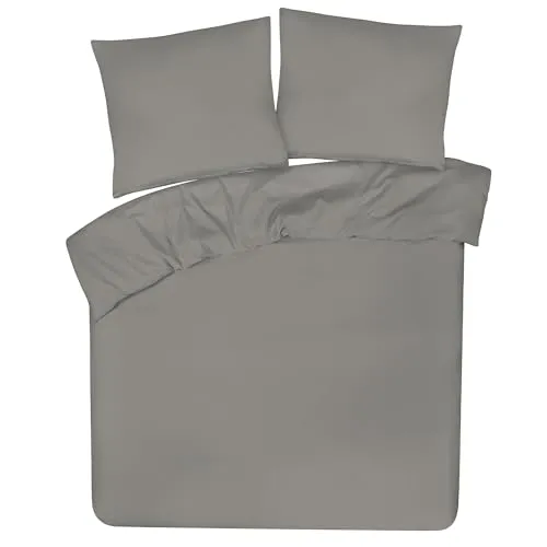 DoubleDry Bettwäsche 200x200 Set - 100% Baumwolle Bettbezug + 2 Kissenbezug 80x80 cm, Bettwäsche 3-teilig mit Reißverschluss - bettbezüge (Grau)