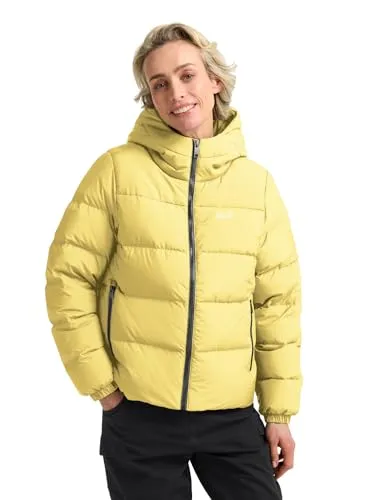 Jack Wolfskin Daunenjacke FROZEN PALACE JKT W RDS gelb XXL (48) - Funktionsjacke, atmungsaktiv und wasserabweisend, ideal für Outdoor-Aktivitäten bei kaltem Wetter, mit regulierbarer Kapuze für optimalen Schutz.