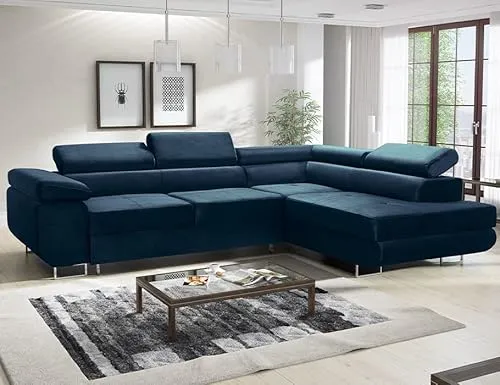 Sofa mit Schlaffunktion und Bettkasten - Ecksofa fur 3 Personen - Avesta - Bequem Schlafsofa - L-Form - Modern Couch 277x203x73 cm - Ecke Rechts - Blau - MODERNO