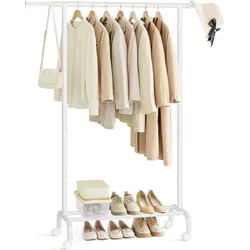 SONGMICS Kleiderständer auf Rollen, ausziehbar, 40 x (83-120) x 156 cm, bis 45 kg belastbar - Praktischer Kleiderständer mit ausziehbarer Stange für flexible Nutzung. Mit 4 drehbaren Rollen für einfachen Transport und zusätzlichen Ablagestangen für Ihre Aufbewahrung.
