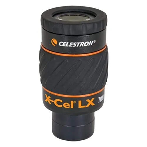 Celestron Okular X-Cel LX 7mm - Weitwinkel-Optik - Optikzubehör mit 60° Sichtfeld und 7mm Brennweite für detailreiche planetare Beobachtungen. Parfokales Design und rutschfester Gummiring für besten Halt.
