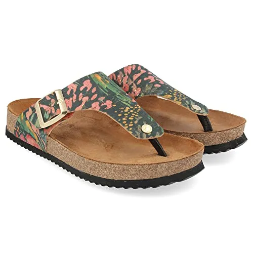 HAFLINGER Bio Conny Pantolette Zehentrenner Unisex Leder (Tropic Schwarz Multi 1683), Gr 41 - Komfortable Bio Pantolette mit anatomischem Korkfußbett für optimalen Halt und viel Bewegungsfreiheit. Die rutschfeste TPR-Gummisohle sorgt für Flexibilität und leisen Auftritt – ideal für den täglichen Gebrauch.