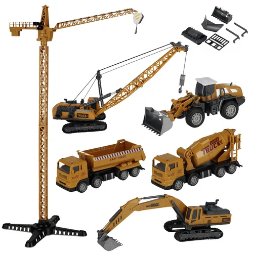 4in1-SET mit Baufahrzeugen – Kran, Betonmischer & mehr