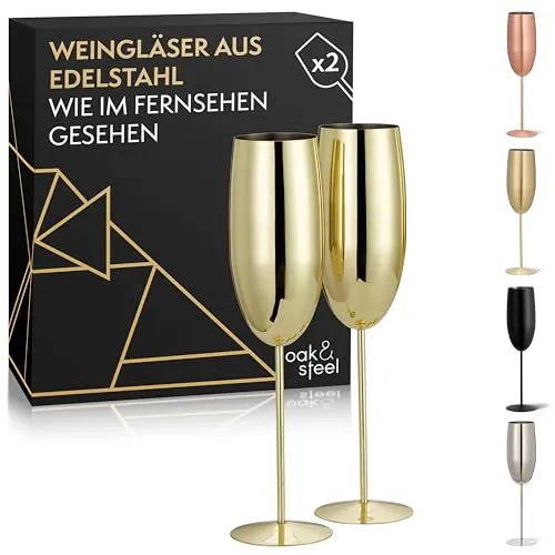 Oak & Steel Premium Edelstahl-Sektgläser in Gold (2 Stück, 280ml) - Bruchsichere Champagner- und Proseccogläser - Inklusive Geschenkbox