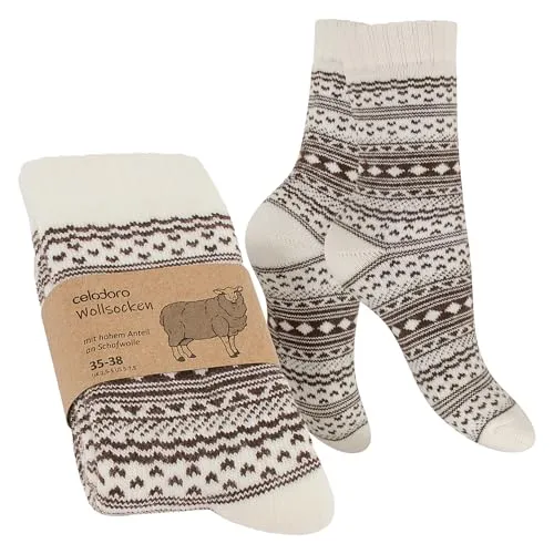 Celodoro Damen & Herren Frottee-Wollsocken mit Muster (1 Paar) - Creme mit Braun 39-42