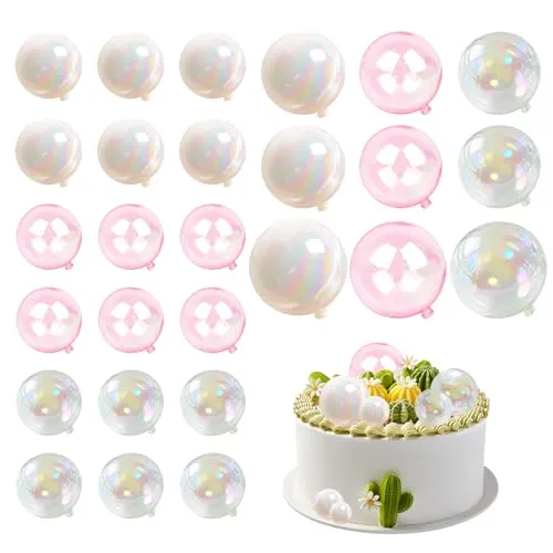 HDGSAFD 27 Stück Kugelkuchendekorationen, Kuchenkugeldekorationszubehör, Pastellkuchenkugeln, Transparente Kugelkucheneinsätze, Dekoratives Kuchenzubehör(Rosa, Transparent, Weiß)