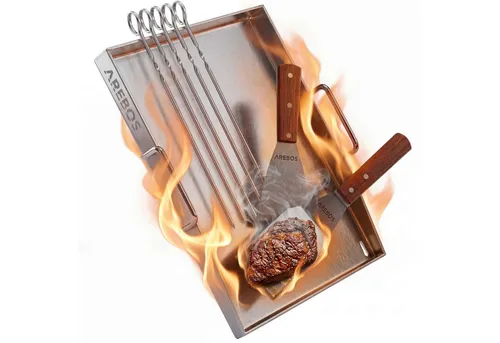 Arebos Plancha Grillplatte Edelstahl 40x30 cm | Vielseitig für Grill & Camping - Hochwertige Grillplatte aus Edelstahl mit optimaler Wärmeverteilung. Hitzebeständig bis 800 °C, ideal für Fleisch, Fisch und Gemüse. Integrierte Ablauföffnung für sauberes Grillen. Inkl. Zubehör und spülmaschinengeeignet.