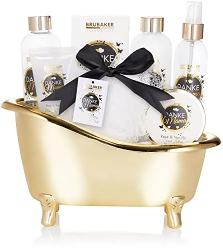 BRUBAKER Cosmetics - Danke Mama - Luxus Bade- und Dusch Set mit Rosen Vanille Duft - 🥰 8-teiliges Set mit Duschgel, Körperlotion, Körperspray und mehr. Ideal als Geschenk für die Mutter, verpackt in einer eleganten Badewanne. Verwöhnt die Haut und sorgt für ein luxuriöses Duscherlebnis.
