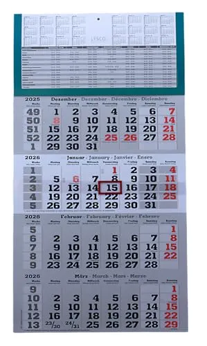 Monats Wandkalender 2026 mit Datumsschieber in Rot, inkl. Ferienübersichten und Jahresüberblick 2026 und 2027, Viermonatskalender werbefrei, 4 Monatskalender 4