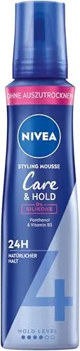NIVEA Care & Hold Schaumfestiger 150 ml - Styling-Schaum mit 24h Halt und Hitzeschutz, pflegt das Haar mit Panthenol und Vitamin B3, ideal für flexible Stylings und Schutz vor äußeren Schäden.
