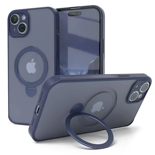 EAZY CASE - MagSafe Handyhülle für iPhone 15 Plus kompatibel mit MagSafe Hülle mit Ständer kompatibel mit iPhone 15 Plus Hülle mit 360° Ring & Magnetfunktion zum Aufstellen stoßfest Cover Nacht Blau
