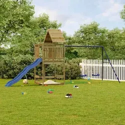 vidaXL Spielturm aus imprägniertem Kiefernholz - Entdecke den Spielturm aus imprägniertem Kiefernholz! Mit Wellenrutsche, Schaukeln und Sandkasten bietet er unendlichen Spielspaß für Kinder von 3-8 Jahren. Robuste Bauweise und Sicherheit durch umlaufende Geländer.