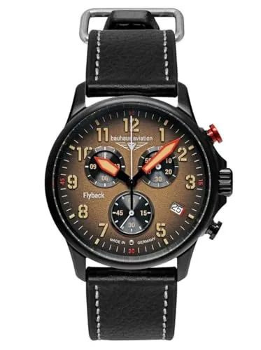 Bauhaus Herrenuhr Aviation Chronograph GMT Schwarz/Braun 2886-1 - Armbanduhren für Herren mit stilvollem Lederarmband und Schweizer Quarzwerk, ausgestattet mit Stoppuhr und Kalenderfunktion für präzise Zeitmessung.