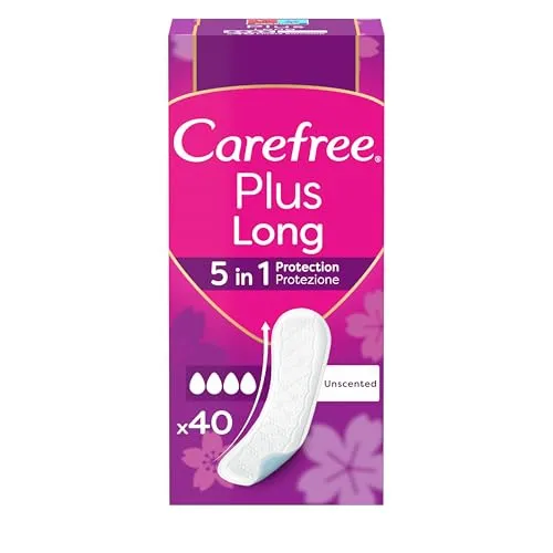 Carefree Slipeinlagen Plus Long ohne Parfüm, extra langer Damen-Slip mit 5in1-Schutz für 8 h trockenes Gefühl, ultradünne Damenbinden ohne Duft für den täglichen Gebrauch, 40 Slipeinlagen