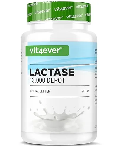 vit4ever Laktase 13.000 Depot - 120 Tabletten mit Depotwirkung (Sepismart® Slow Release) - Hochdosiert mit 13.000 FCC-Einheiten - Bei Laktoseintoleranz + Milchunverträglichkeit - Vegan