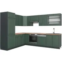 Vicco Winkelküche Fame-Line, Grün-Gold Landhaus/Anthrazit, 227 x 287 cm - Küchenzeile im L-Design mit edlen MDF-Fronten und Soft-Close-Scharniere für leises Schließen. Viel Stauraum und individuelle Gestaltungsmöglichkeiten machen das Kochen zum Vergnügen.