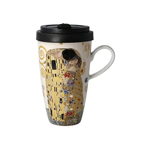 Goebel Becher - G. Klimt - Der Kuss - Tasse mit Deckel - Thermobehälter aus Fine Bone China, kunstvoll gestaltet mit dem berühmten Motiv 'Der Kuss', ideal für unterwegs und hält Getränke länger warm.