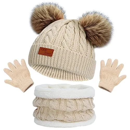beifon Wintermütze Schal Handschuhe Mädchen Set Kindermütze Strickmütze Mütze Schal Set Mädchen Jungen Warme Winter Beanie Hut Handschuhe für Kinder 3-8 Jahre