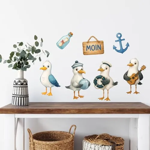 Maritimes Wandtattoo-Set Seemöwen & Accessoires – Vinyl-Wandsticker Möwen Kinderzimmer Deko für Wohn