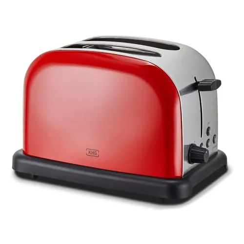 KHG Edelstahl Toaster mit Brötchenaufsatz, 2 Scheiben – Retro Design in Rot