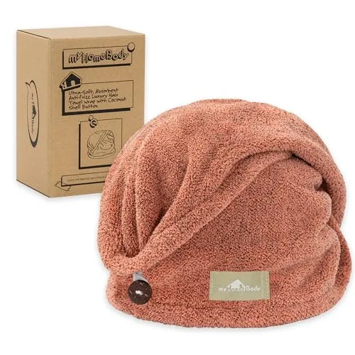 myHomeBody Haartuch-Wickeltuch, luxuriöser, schnelltrocknender Turban, ultraweiche, saugfähige Kappe aus Kohlefaser, mit Kokosnussschalenknopf – Cinnamon