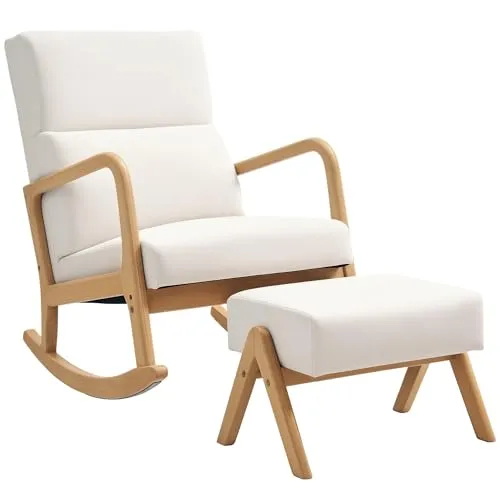 HOMCOM Schaukelstuhl mit Hocker - Cremeweiß - Schaukelstühle mit elegantem Design und entspannender 35°-Schaukelbewegung, perfekt für Stressabbau und stilvolle Akzente im Wohnzimmer oder Schlafzimmer.