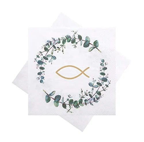 ZauberDeko Cocktailservietten 25x25cm Kommunion Konfirmation Fisch in Eukalyptus Kranz Deko 20Stück