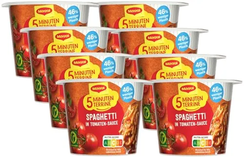 MAGGI 5 Minuten Terrine Spaghetti in Tomatensauce, leckeres Fertiggericht, Instant-Nudeln, 8er Pack (8 x 60g)