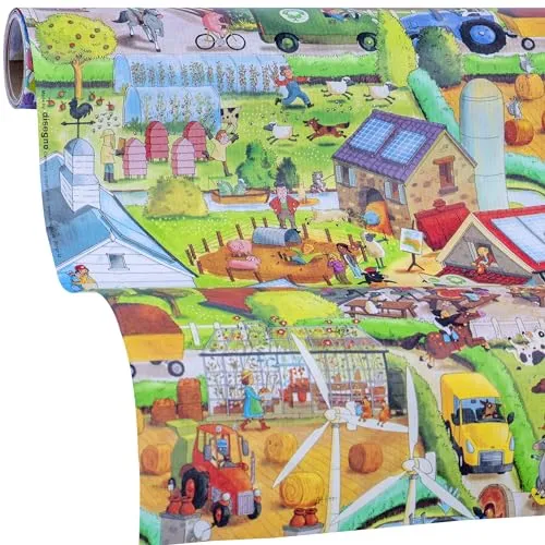 Geschenkpapier Bauernhof - Happy Farm | 5m Papier-Rolle zum Geschenke einpacken | für Mädchen, Jungs zum Geburtstag, Ostern, Einschulung
