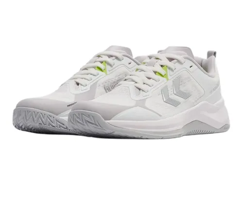 hummel Hallen-Indoorschuhe HB Powerstrike Pro - Handball Sneaker in weiss/grau - Badmintonschuhe Herren, leichter Court-Style mit sportlichem Mesh-Innenfutter und retro-inspiriertem Design für optimalen Komfort und Stil.